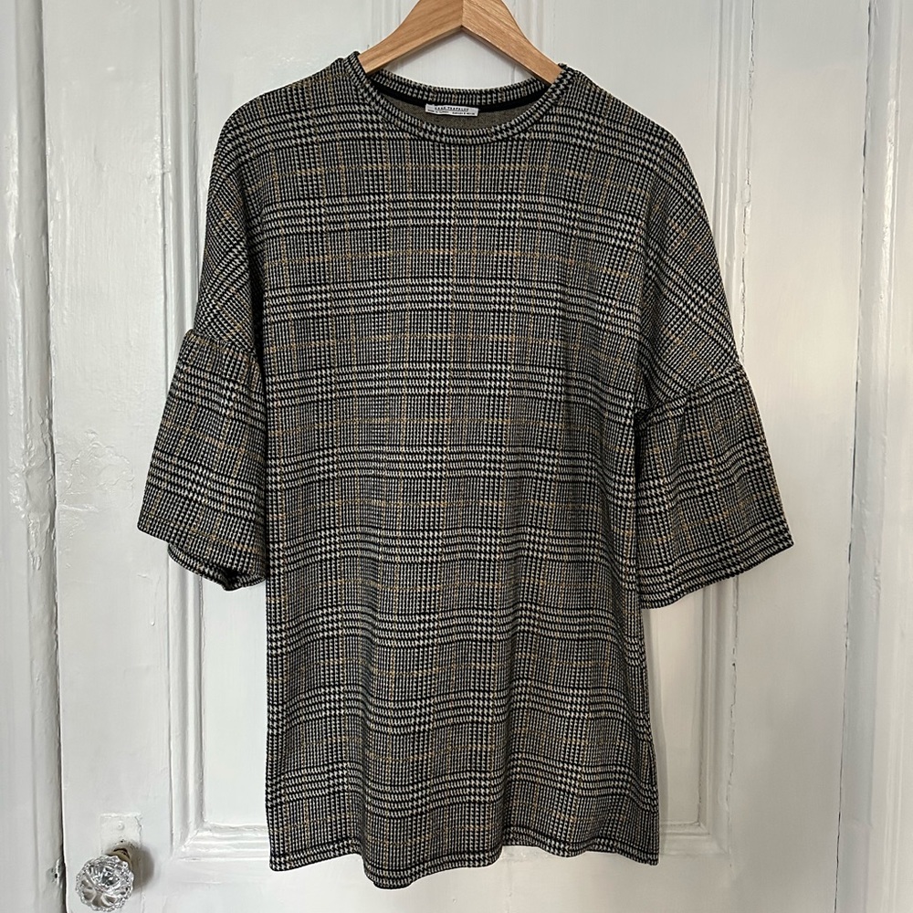 Zara Houndstooth Bell Sleeve Mini Dress